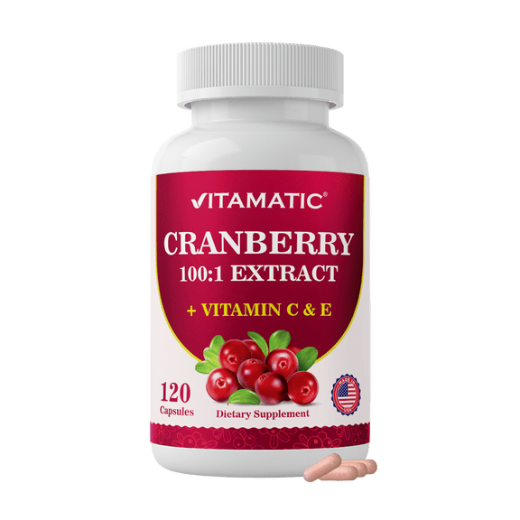 Vitamatic Cranberry 500 mg 100:1 Extract (2 Capsules) with Vitamin C & E  120 Veg Capsules  Urinary Tract & Bladder Support Supplement  Non-GMO, Gluten Free, Made in USA