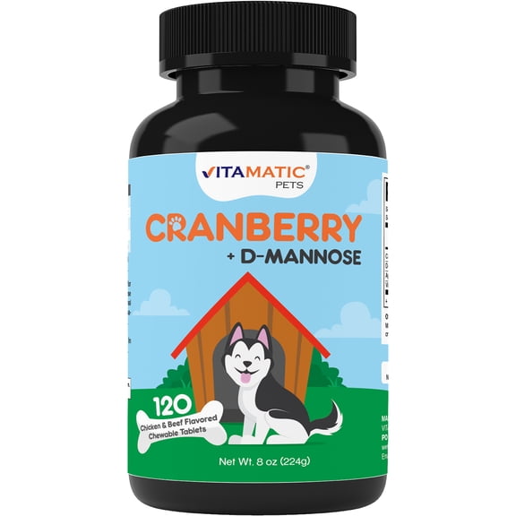 Vitamatic Cranberry for Dogs - 120 Chewable Tablets - Added D-Mannose, Apple Cider, Vitamin C for Urinary Tract Support, Bladder Support for Dogs