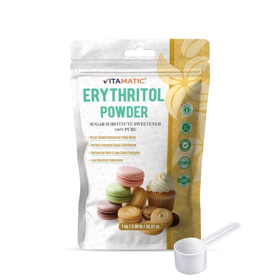 Vitamatic Erythritol Powder 1 kg (2.2 lb)  100% Pure Sugar Substitute Sweetener  Zero Calorie, Zero Net Carbs, Keto Friendly, Non-GMO, Gluten Free, Vegan