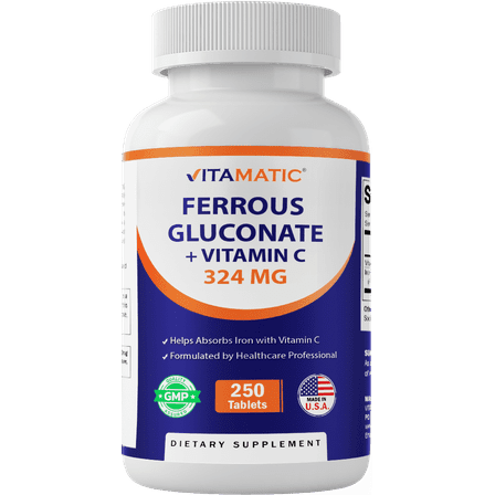 Vitamatic Ferrous Gluconate 324 mg + Vitamin C 100 mg - (65 mg Elemental Iron) High Potency Iron Supplement - No Artificial Color Additives - Gentle on Stomach - 250 Tablets - Made in USA