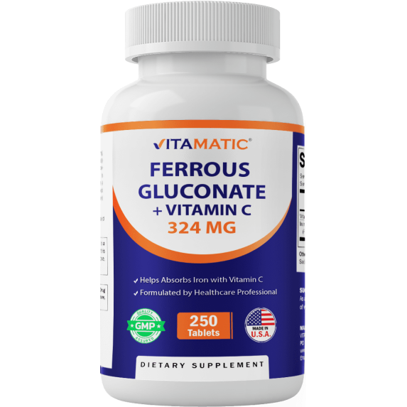 Vitamatic Ferrous Gluconate 324 mg + Vitamin C 100 mg - (65 mg Elemental Iron) High Potency Iron Supplement - No Artificial Color Additives - Gentle on Stomach - 250 Tablets - Made in USA