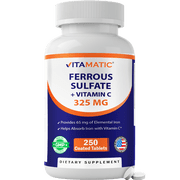 Vitamatic Ferrous Sulphate 325 mg + Vitamin C 100 mg - 65 mg Elemental Iron High Potency Iron Supplement | No Artificial Color Additives - 250 Coated Tablets - Made in USA