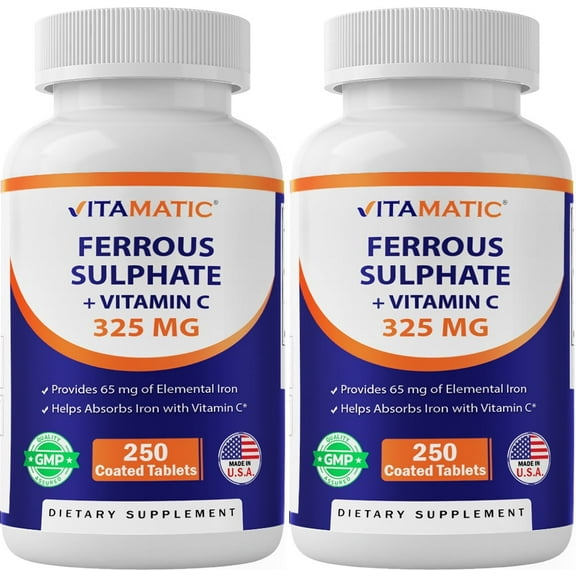 Vitamatic Ferrous Sulphate 325 mg + Vitamin C 100 mg - (65 mg Elemental Iron) High Potency Iron Supplement | No Artificial Color Additives - 250 Coated Tablets - Made in USA-2 Pack