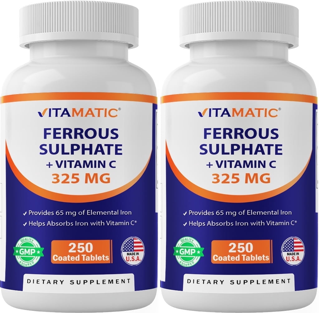 Vitamatic Ferrous Sulphate 325 mg + Vitamin C 100 mg - (65 mg Elemental Iron) High Potency Iron Supplement | No Artificial Color Additives - 250 Coated Tablets - Made in USA-2 Pack