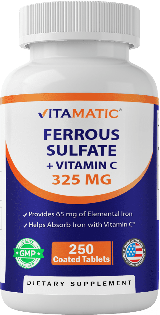 Vitamatic Ferrous Sulphate 325 mg + Vitamin C 100 mg - (65 mg Elemental Iron) High Potency Iron Supplement | No Artificial Color Additives - 250 Coated Tablets - Made in USA