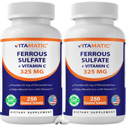 Vitamatic Ferrous Sulphate 325 mg + Vitamin C 100 mg - 65 mg Elemental Iron High Potency Iron Supplement | No Artificial Color Additives - 250 Coated Tablets - Made in USA-2 Pack