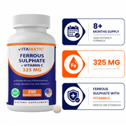 Vitamatic Ferrous Sulphate 325 mg + Vitamin C 100 mg - 65 mg Elemental Iron High Potency Iron Supplement | No Artificial Color Additives - 250 Coated Tablets - Made in USA