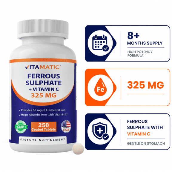 Vitamatic Ferrous Sulphate 325 mg + Vitamin C 100 mg - (65 mg Elemental Iron) High Potency Iron Supplement | No Artificial Color Additives - 250 Coated Tablets - Made in USA