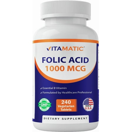 Vitamatic Folic Acid 1000 mcg (1 mg) - 240 Vegetarian Tablets - 1667 mcg DFE - Vitamin B9