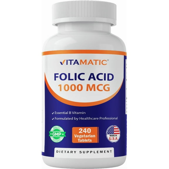 Vitamatic Folic Acid 1000 mcg (1 mg) - 240 Vegetarian Tablets - 1667 mcg DFE - Vitamin B9