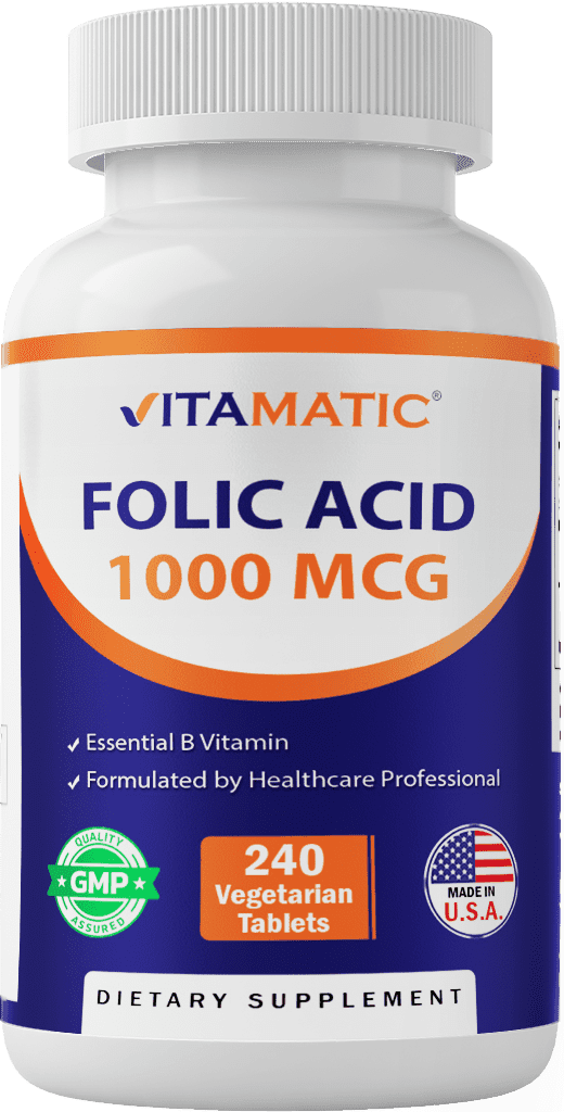 Vitamatic Folic Acid 1000 mcg (1 mg) - 240 Vegetarian Tablets - 1667 mcg DFE - Vitamin B9