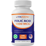 Vitamatic Folic Acid 1000 mcg (1 mg) - 240 Vegetarian Tablets - 1667 mcg DFE - Vitamin B9