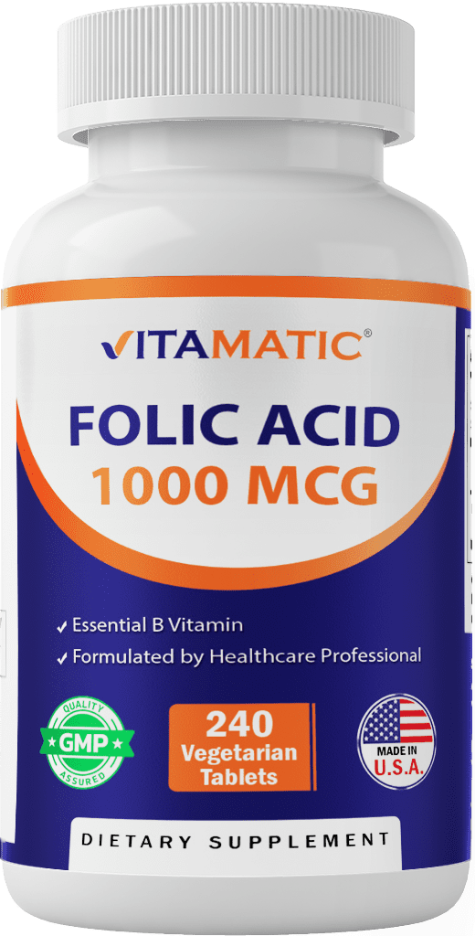 Vitamatic Folic Acid 1000 mcg (1 mg) - 240 Vegetarian Tablets - 1667 mcg DFE - Vitamin B9