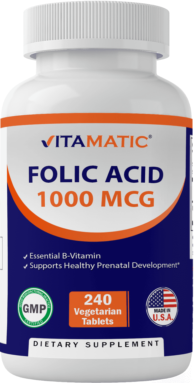 Vitamatic Folic Acid 1000 mcg (1 mg) - 240 Vegetarian Tablets - 1667 mcg DFE - Vitamin B9