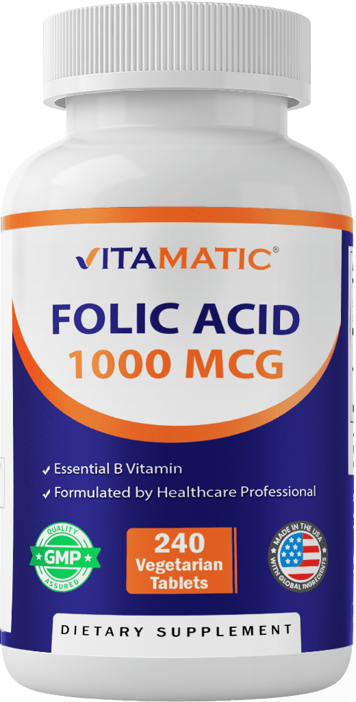Vitamatic Folic Acid 1000 mcg (1 mg) - 240 Vegetarian Tablets - 1667 mcg DFE - Vitamin B9