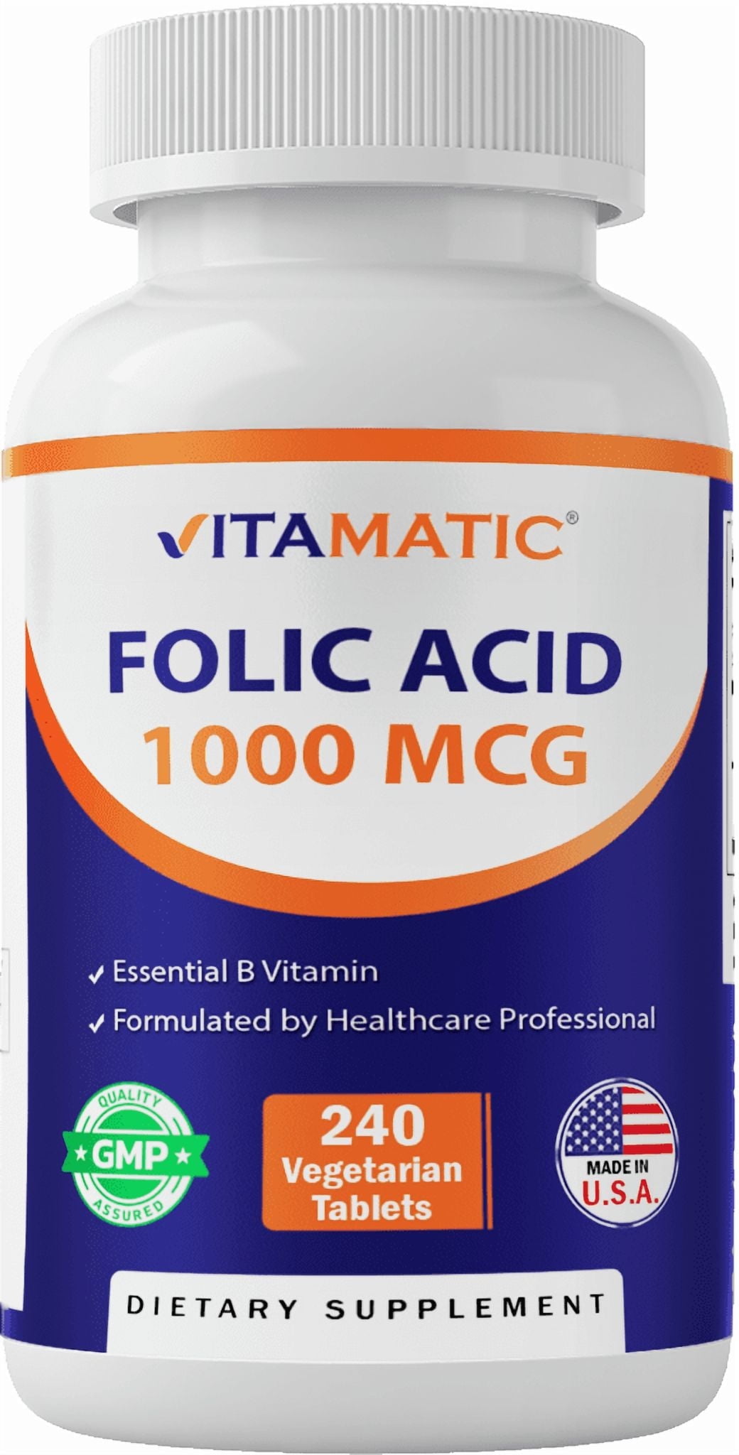 Vitamatic Folic Acid 1000 mcg (1 mg) - 240 Vegetarian Tablets - 1667 mcg DFE - Vitamin B9