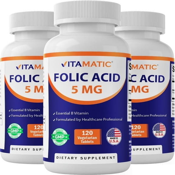 Vitamatic Folic Acid 5mg, 120 Vegetarian Tablets (Pack of 3)