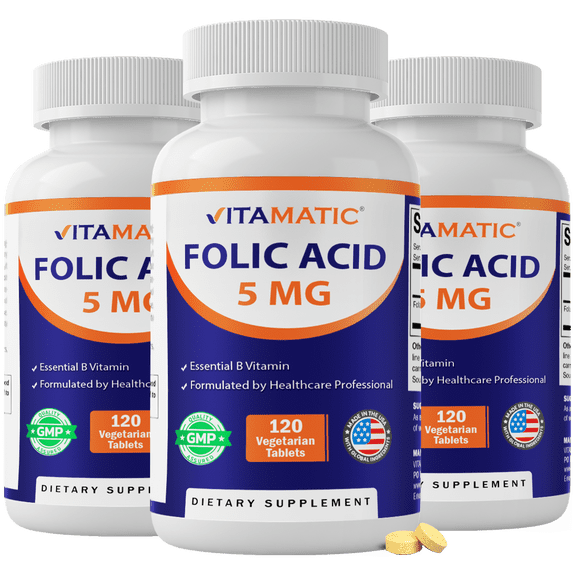 Vitamatic Folic Acid 5mg, 120 Vegetarian Tablets (Pack of 3)