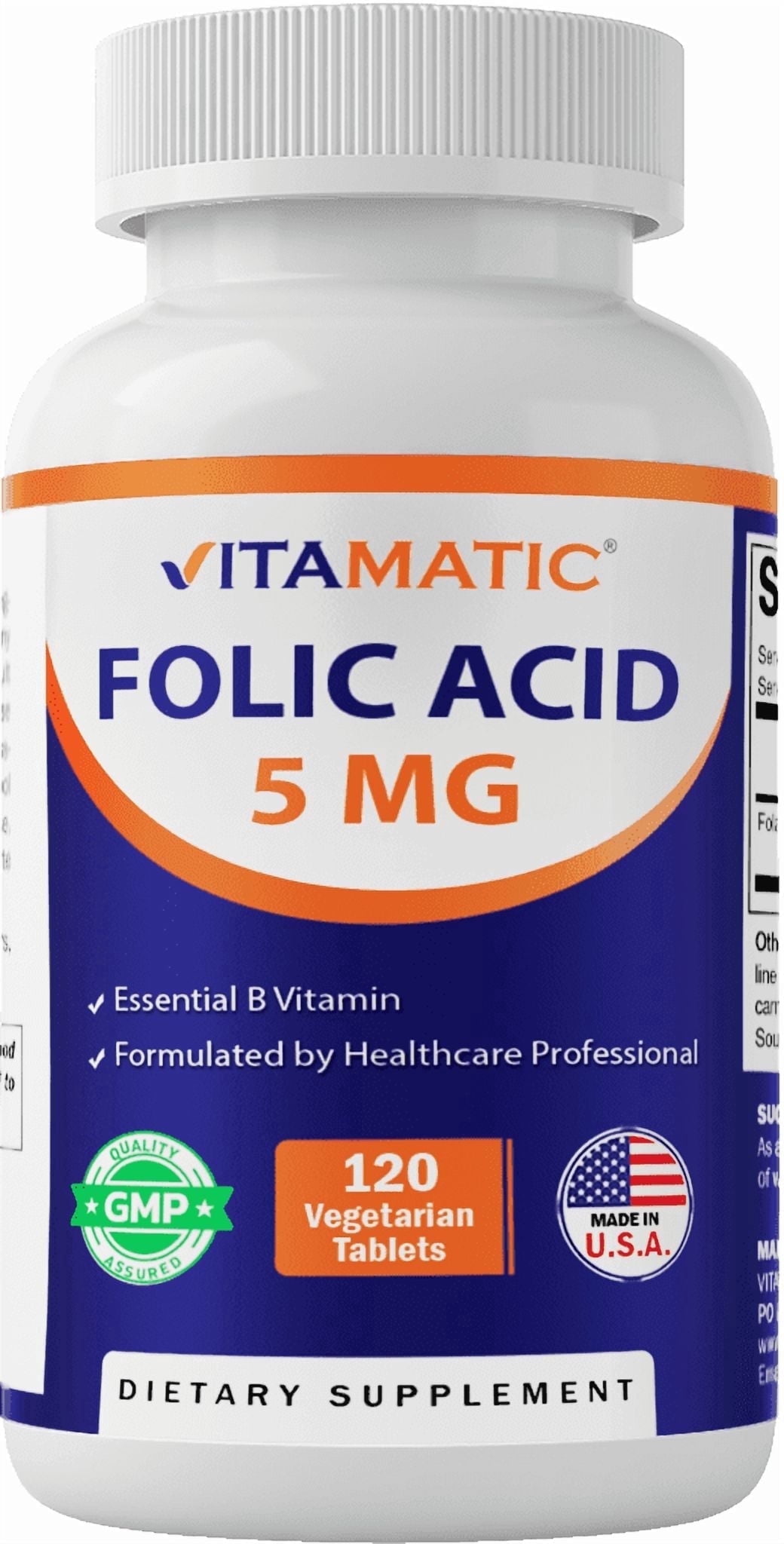 Vitamatic Folic Acid 5mg (5000 mcg) - 120 Vegetarian Tablets - (Vitamin B9 Folate)