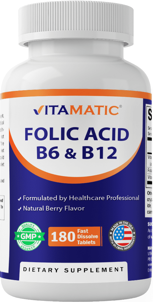 Vitamatic Folic Acid B12 B6 - Heart Health, Energy & Red Blood Cell Support - 180 Fast Dissolve Tablets