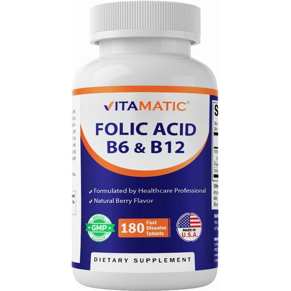 Vitamatic Folic Acid B12 B6 - Heart Health, Energy & Red Blood Cell Support - 180 Fast Dissolve Tablets