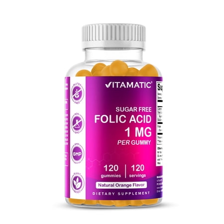 Vitamatic Folic Acid Gummies 1000 mcg (1 mg) - an Essential Prenatal Vitamins for Mom & Baby - Vitamin B9 - 120 Vegan Gummies