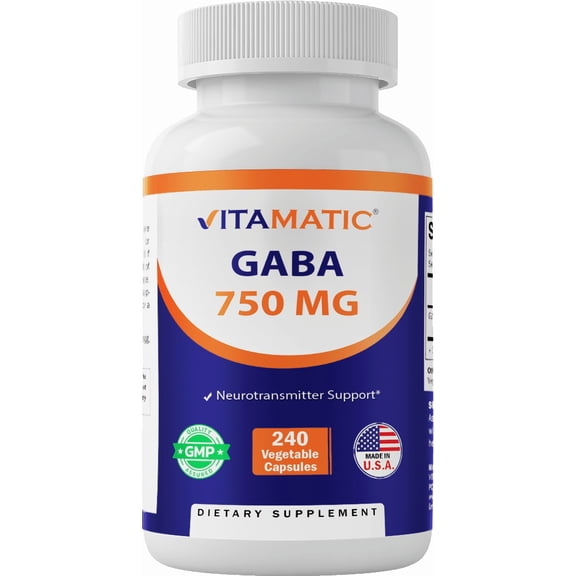 Vitamatic GABA (Gamma Aminobutyric Acid) 750mg, 240 Vegetable Capsules, 240 Servings - Non-GMO, Gluten Free