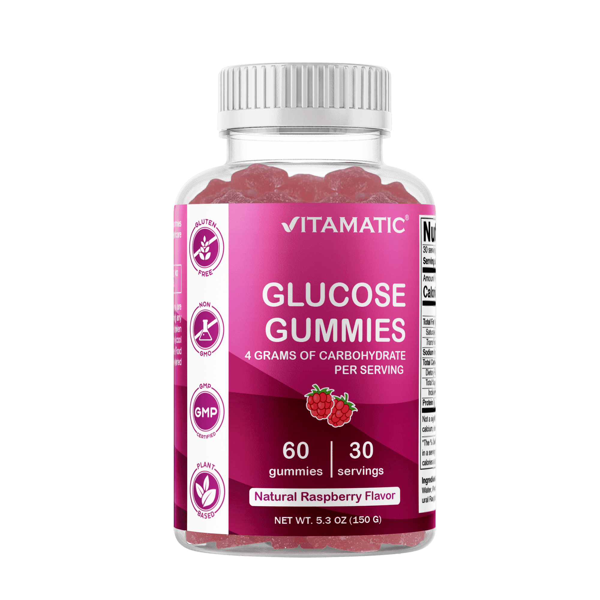 Vitamatic Glucose Chewable Gummies – 60 Count – 4g Carbohydrates per Serving – Natural Raspberry Flavor – Quick Energy Support