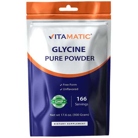 Vitamatic Glycine Powder – 3,000 mg Per Serving, Free-Form Amino Acid Supplement, Unflavored, 17.6 oz (500 g), Non-GMO, Gluten Free.