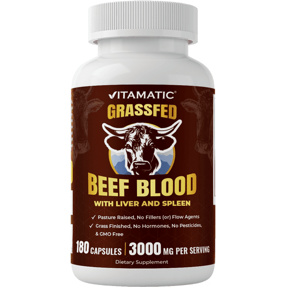 Vitamatic Grass Fed Beef Blood with Liver and Spleen Freeze Dried Non-GMO Pasture Raised Glandular Supplement 180 Capsules