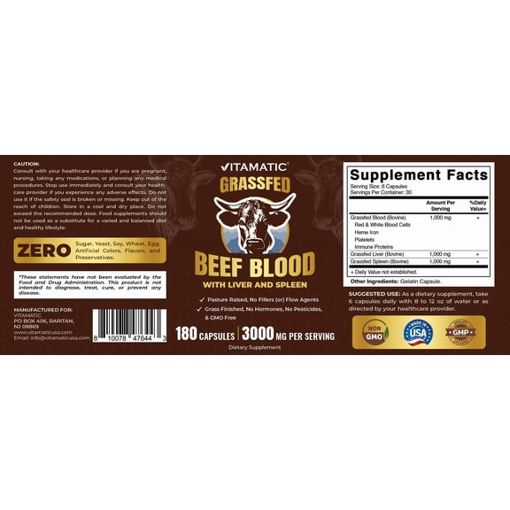 Vitamatic Grass Fed Beef Blood with Liver and Spleen - 180 Capsules - Freeze Dried & Non-GMO - Pasture Raised Glandular Supplement - Made in USA