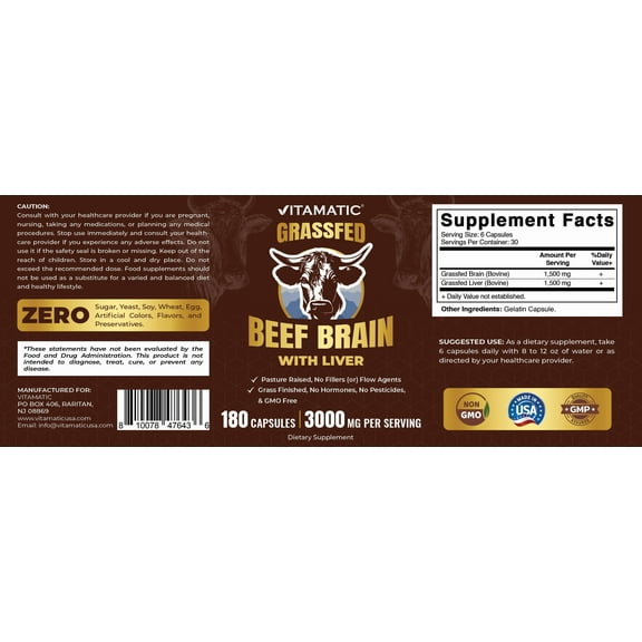 Vitamatic Grass Fed Beef Brain with Liver - 180 Capsules - Freeze Dried & Non-GMO - Pasture Raised Glandular Supplement - Made in USA