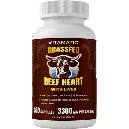 Vitamatic Grass Fed Beef Heart with Liver - 180 Capsules - Freeze Dried & Non-GMO - Pasture Raised Glandular Supplement - Made in USA