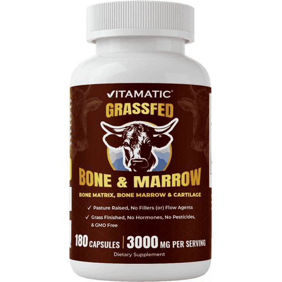 Vitamatic Grass-Fed Beef Bone & Marrow 180 Capsules Freeze-Dried, Non-GMO, Bovine Liver Supplement Pasture-Raised, Glandular-Based Formula