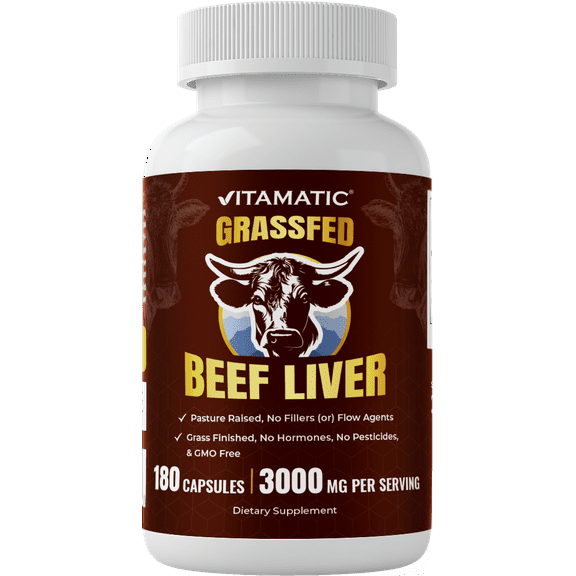 Vitamatic Grass-Fed Beef Liver 180 Capsules – Freeze-Dried, Non-GMO, Bovine Liver Supplement – Pasture-Raised, Glandular-Based Formula (180 Capsules, Liver)