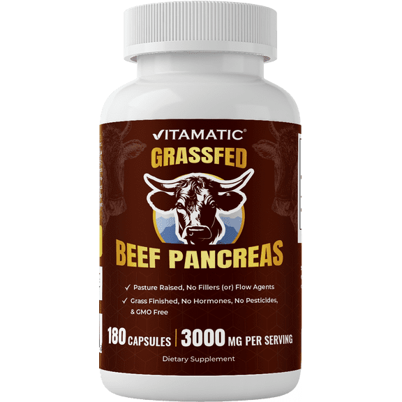 Vitamatic Grass-Fed Beef Pancreas 180 Capsules Freeze-Dried, Non-GMO, Bovine Supplement Pasture-Raised -Based Formula (180 Capsules, Pancreas)