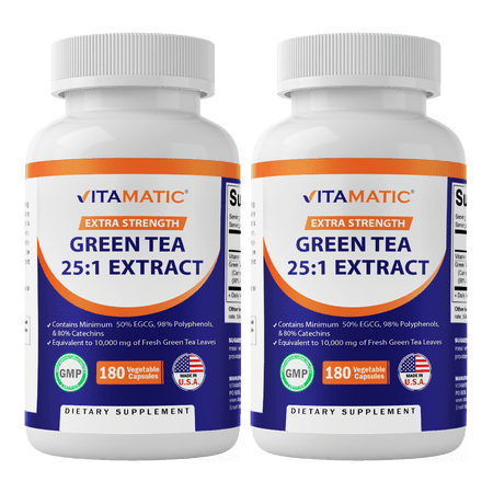 Vitamatic Green Tea Extract with Vitamin C, 25X Concentrate, 98% Polyphenols, 80% Catechins, 50% EGCG, 180 Veg Capsules- 2 Pack