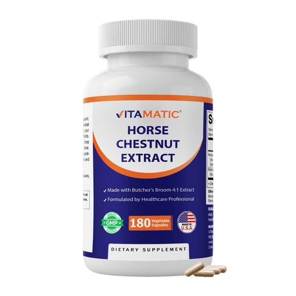 Vitamatic Horse Chestnut Extract 700 mg (Standardized 20% Aescin) with Butchers Broom 4:1 Extract 300 mg 180 Capsules, Circulation & Vein Support, Non-GMO, Gluten Free, Made in USA