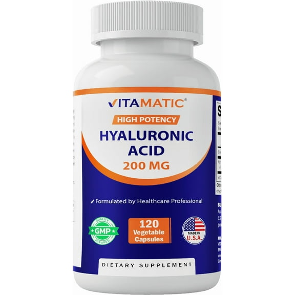 Vitamatic Hyaluronic Acid 200 mg 120 Capsules 200mg ( Double dose compares to 100mg 100 mg HA Pills)