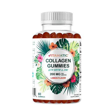 Vitamatic Hydrolyzed Collagen Gummies with Vitamin C, Zinc, Biotin for Healthy Skin Support, 60 Count