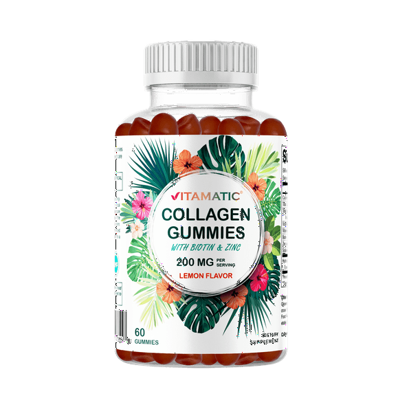 Vitamatic Hydrolyzed Collagen Gummies with Vitamin C, Zinc and Biotin, 200 mg - Healthy Skin Support - 60 Gummies