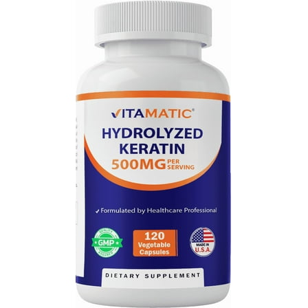 Vitamatic Hydrolyzed Keratin 500mg per Serving - 120 Vegetarian Capsules - Keratin Supplements for Healthy Hair Skin & Nails for Adults