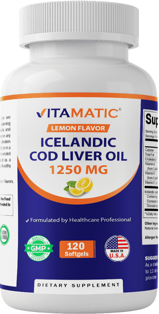 Vitamatic Icelandic Cod Liver Oil 1250mg 120 Softgels (Lemon Flavor) - Promotes Cardiovascular Health