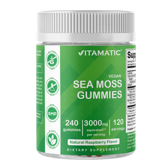 Vitamatic Irish Sea Moss Gummies - 3000 mg - 240 Vegan Gummies - Made with Bladderwrack & Burdock Root - Seamoss Supplement - Gluten Free & Non-GMO
