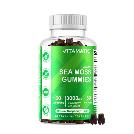 Vitamatic Irish Sea Moss Gummies - 3000 mg - 60 Vegan Gummies - Made with Bladderwrack & Burdock Root - Seamoss Supplement for Thyroid, Energy, Immune Support