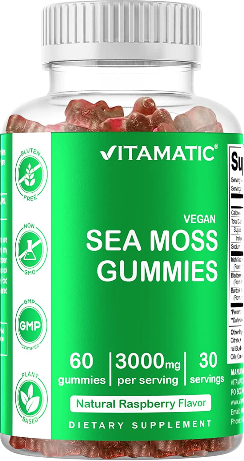 Vitamatic Irish Sea Moss Gummies - 3000 mg - 60 Vegan Gummies - Made with  Bladderwrack & Burdock Root - Seamoss Supplement for Thyroid, Energy,  Immune Support (60 Gummies (Pack of 1))