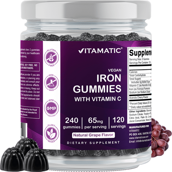Vitamatic Iron 65 mg Gummies Supplement for Women & Men - 240 Vegan Gummies - Great Tasting Iron Gummy Vitamins with Vitamin C
