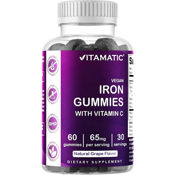 Vitamatic Iron 65 mg Gummies Supplement for Women & Men - 60 Vegan Gummies - Great Tasting Iron Gummy Vitamins with Vitamin C (1)
