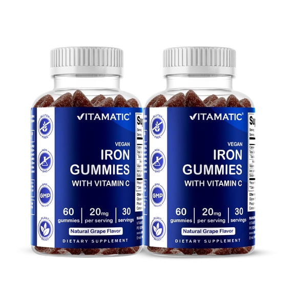 Vitamatic Iron Gummies Supplement for Women & Men - 20mg Serving - 60 Vegan Gummies - Great Tasting Iron Gummy Vitamins with Vitamin C (60 Count (Pack of 2))