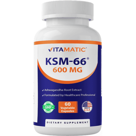 Vitamatic KSM-66 Ashwagandha Root Extract + Bioperine - 600mg, 60 Veggie Caps (1200 mg per 2 Capsules)